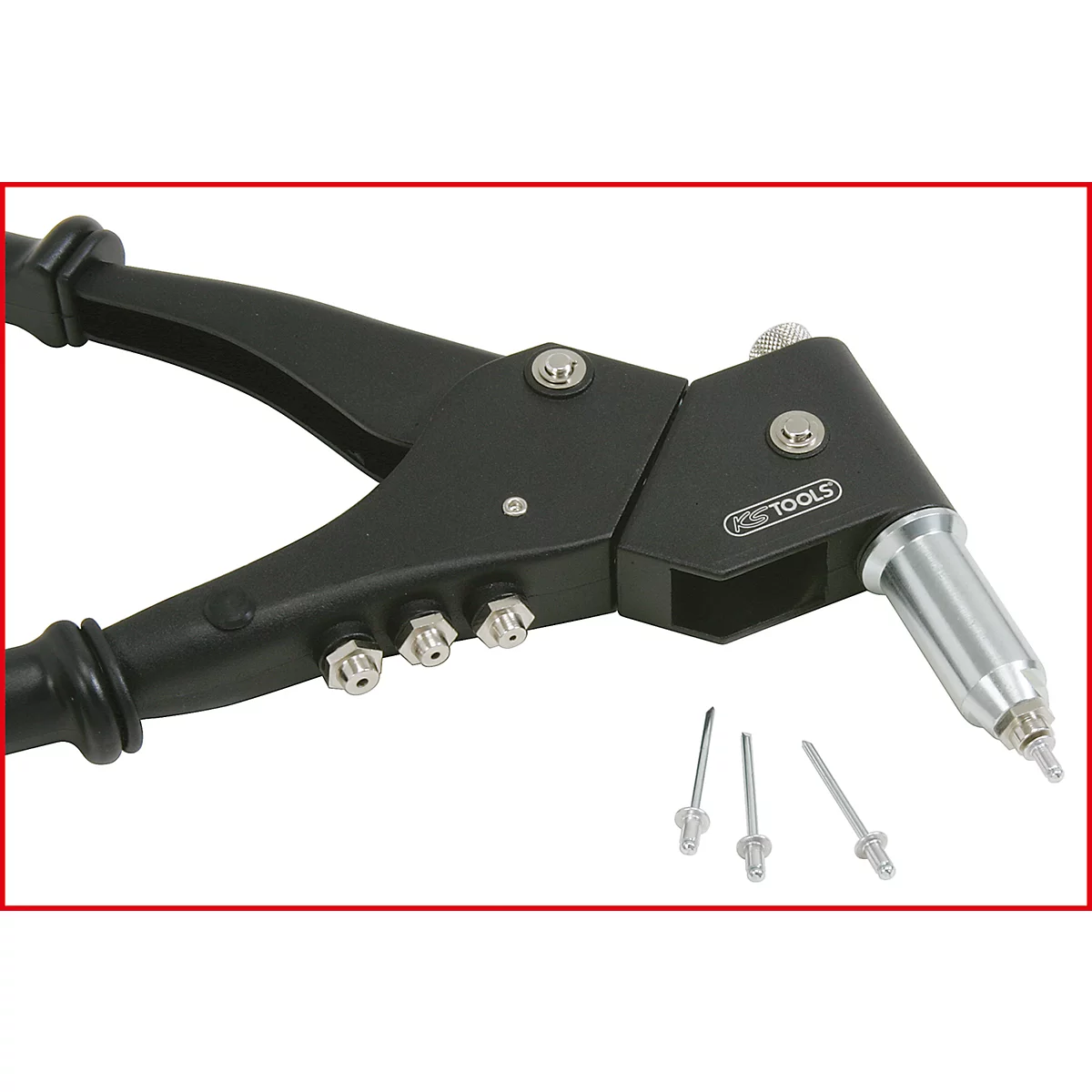 Schwarze Nietzange mit Nietstiften. Aufschrift "KS TOOLS".